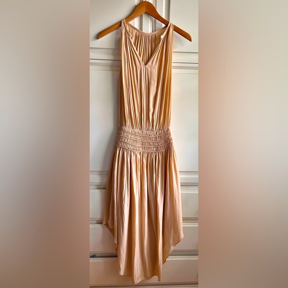 Elegant sleeveless midi dress w/ smocked waist, flowy, and luxe high neckline! - Picture 5 of 6